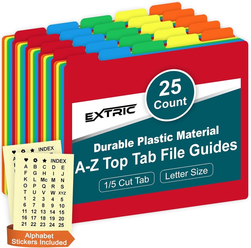 EXTRIC Alphabetical File Organizer, 25 Plastic Alphabet Dividers with Tabs Letter Size File Cabinet Dividers, Self Adhesive A-Z Labels – 5 Assorted Colors, 1/5 Cut Tabs for Filing Cabinet - Image 1